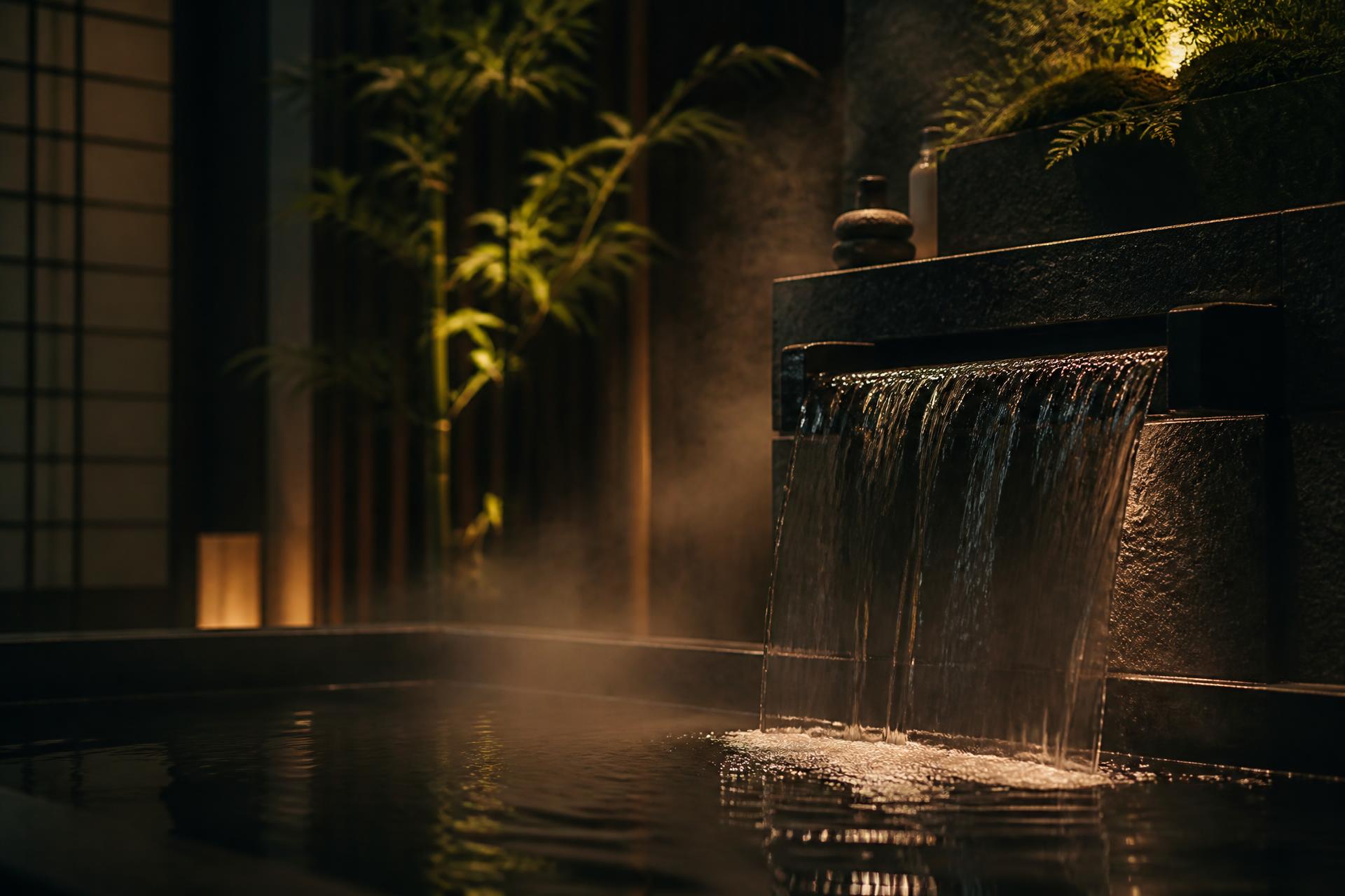 Serene Japanese head spa water therapy in warm ambient light