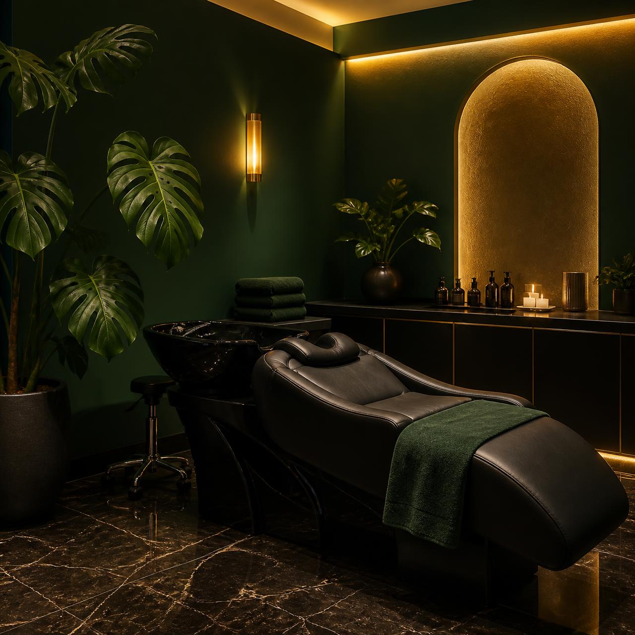 Warm, dark-green Yasumi Head Spa interior